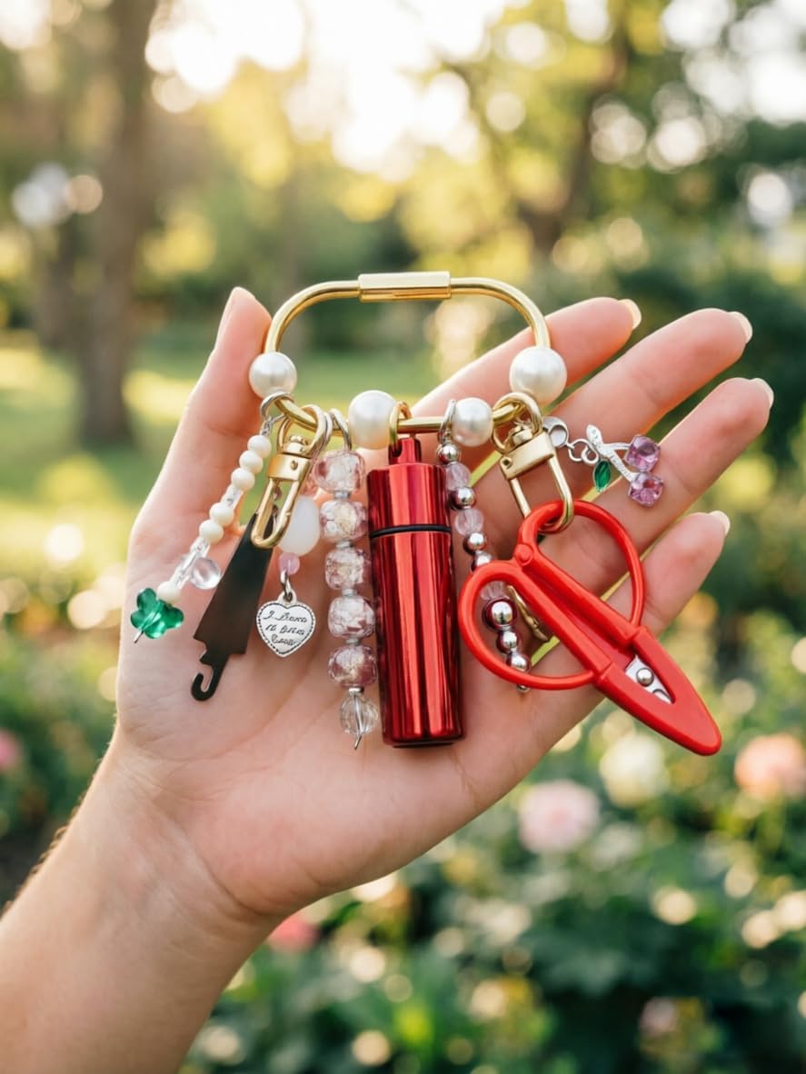 MEYAGO Needlepoint Bag Charm Tool Kit with Mini Embroidery Scissors, Needle Threader, Needle Holder Tube & Gold Keyring, Portable Embroidery Accessories for Cross Stitch Sewing DIY Crafts (Red)
