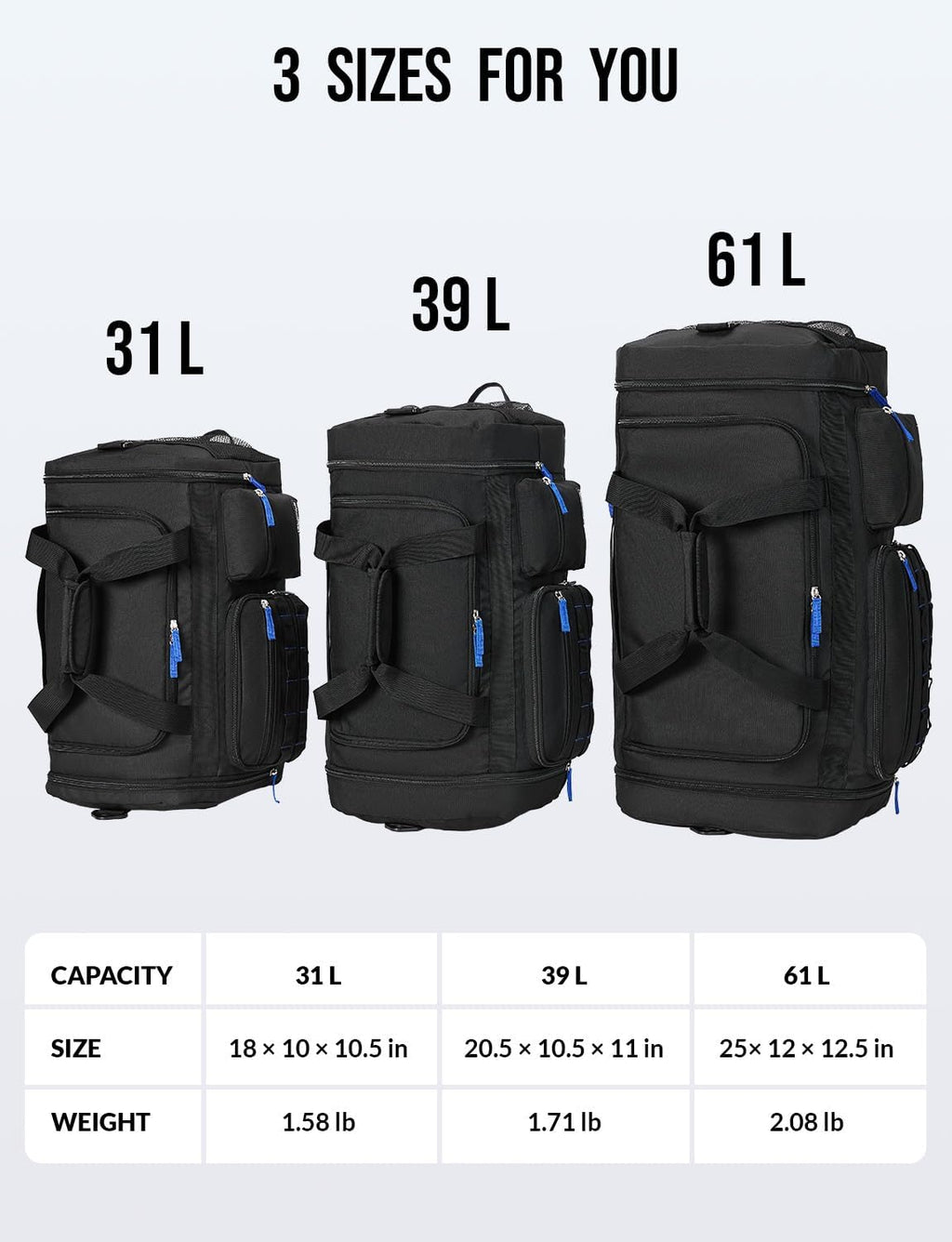 Gym Bag for Men Women 3-in-1 Sports Travel Duffel Bag, 61L, Black