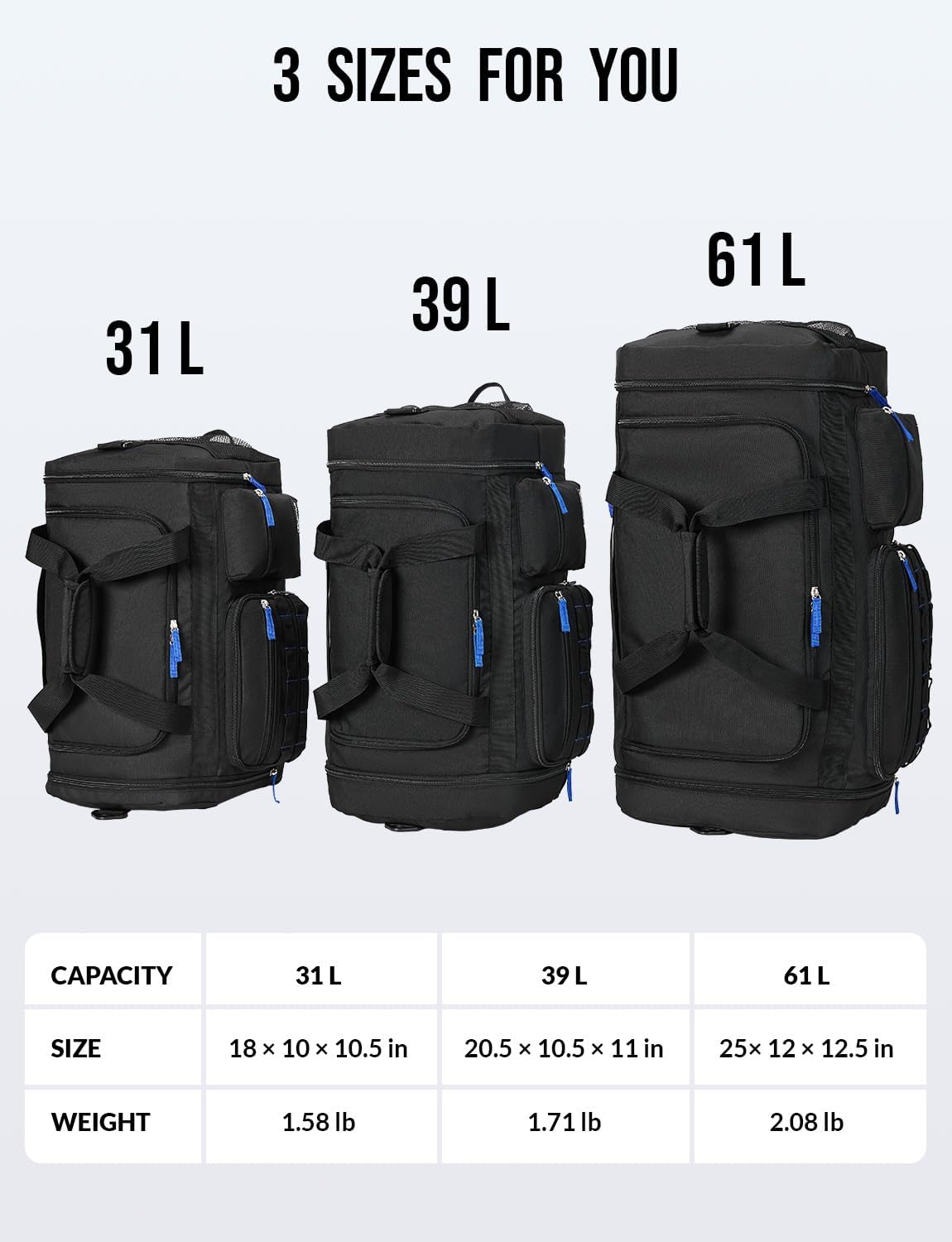 Gym Bag for Men Women 3-in-1 Sports Travel Duffel Bag, 61L, Black