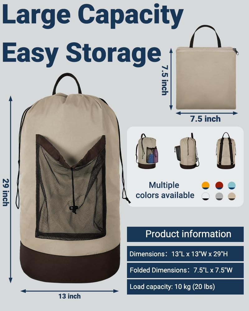 Laundry Bag with Shoulder Straps and Mesh Pocket Laundry Backpack Large Portable Laundry Hamper for College Laundromat Apartment