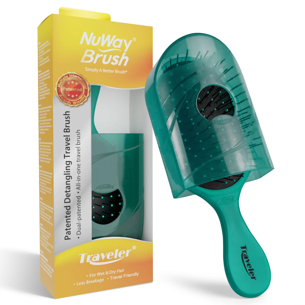 NuWay® Traveler® Patented Compact Hair Brush for Purse, Gym & Daily Carry - Gentle Detangling Brush for Wet or Dry Hair, Everyday Scalp Comfort (Emerald Green)