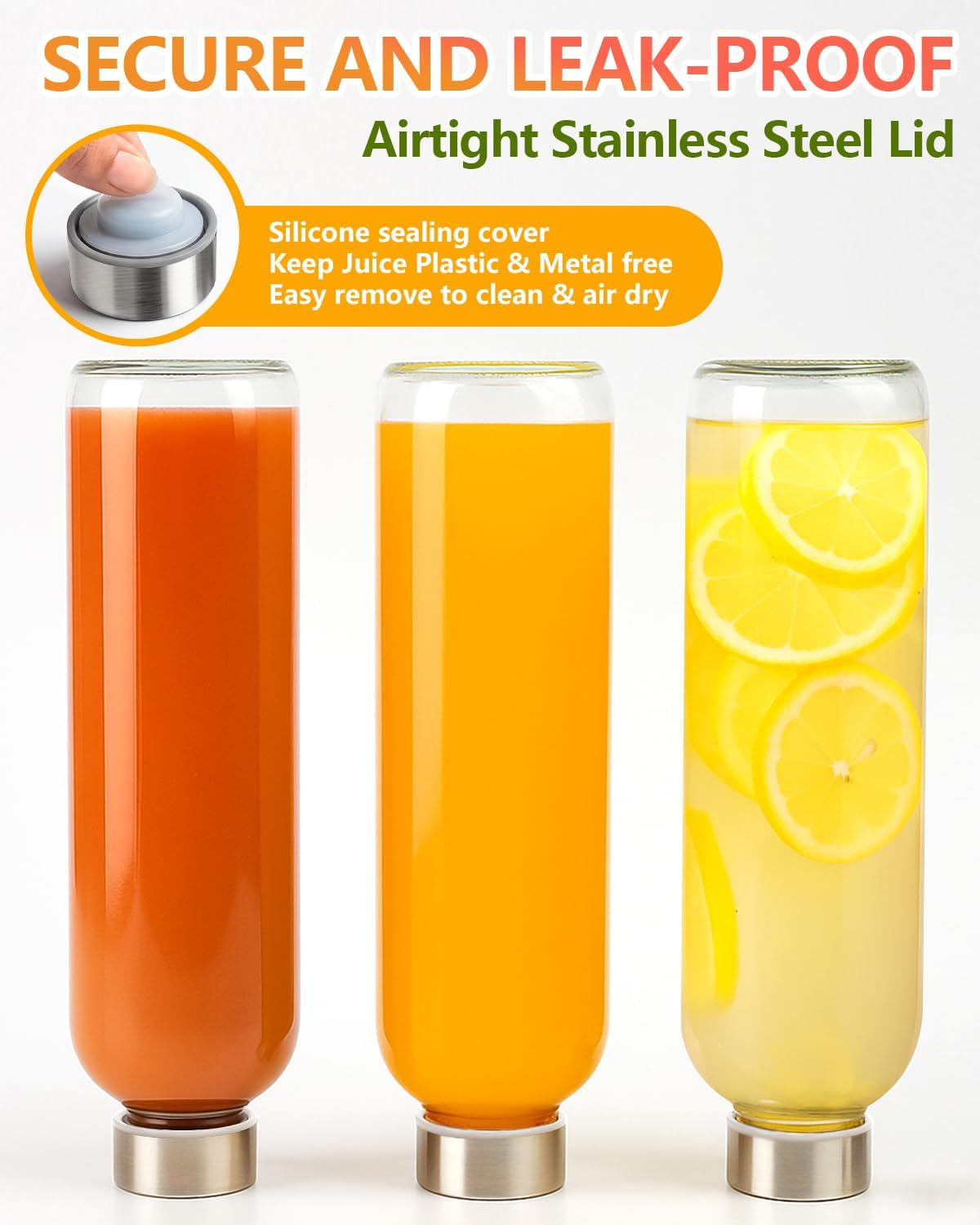 Zukro Clear Glass Water Bottles with Stainless Steel Lids 32 oz, Set of 3