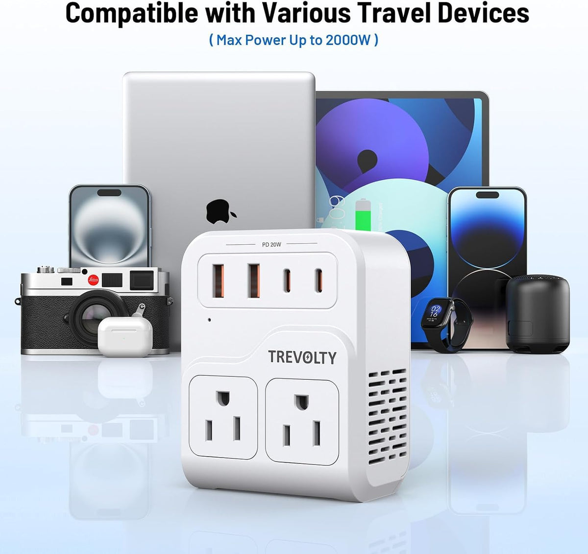2000W European Travel Plug Adapter with 3 AC & 4 USB Ports, Universal Travel Adapter with Type A B C E/F G I (White)