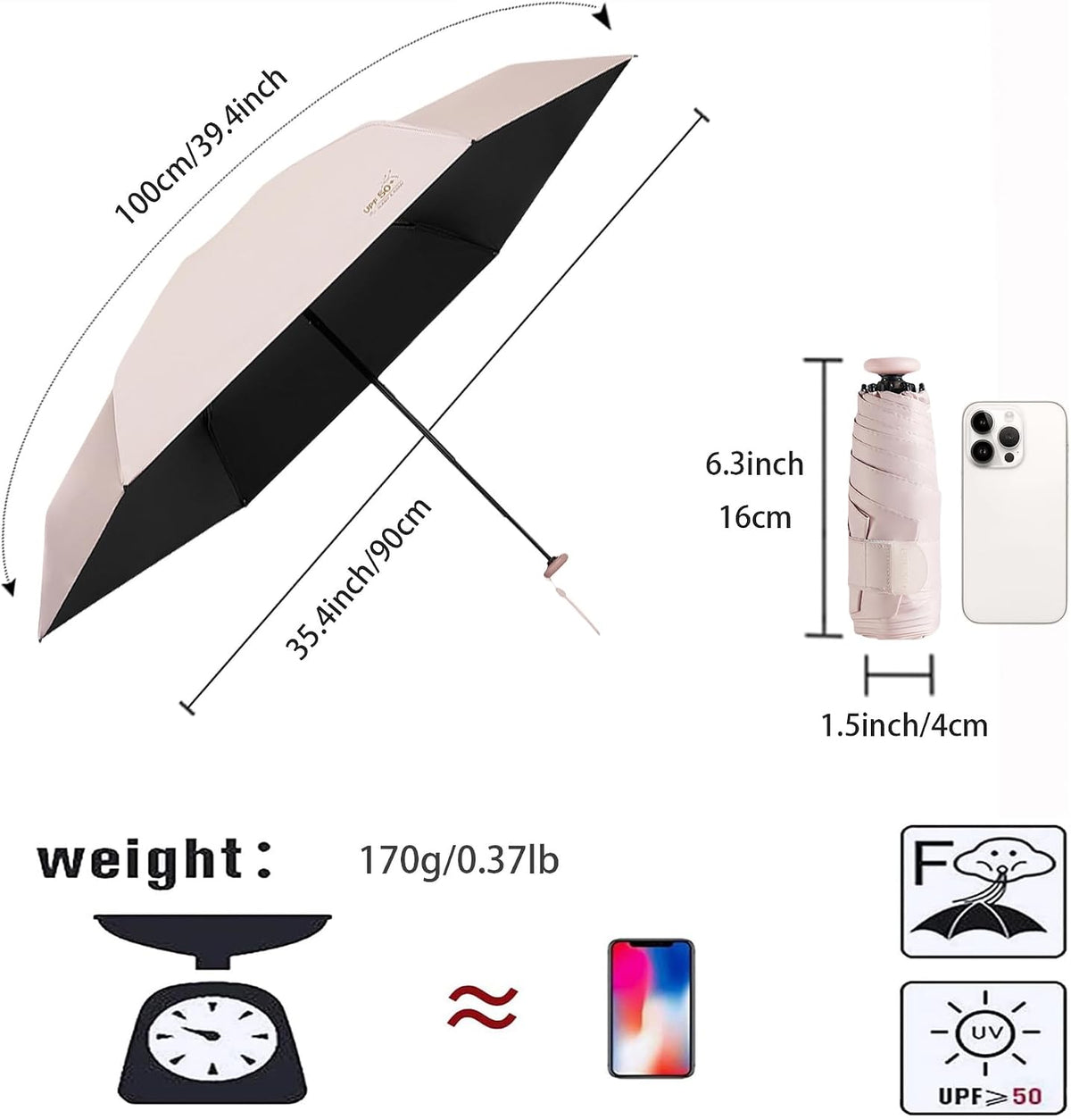 Mini Sun Travel UV Umbrella Anti UPF 50 Protection 99.9% Micro handle Coating Layer Fabric Compact/Lightweight Small Portable Backpack/Folding Purse Pocket Umbrella Rain/Blocking/Men Women Kids