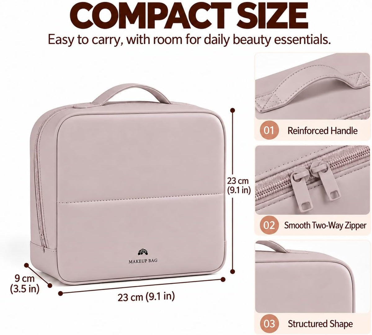 Travel Makeup Bag with Magnetic Fold-Down Flap, Large, Dusty Pink