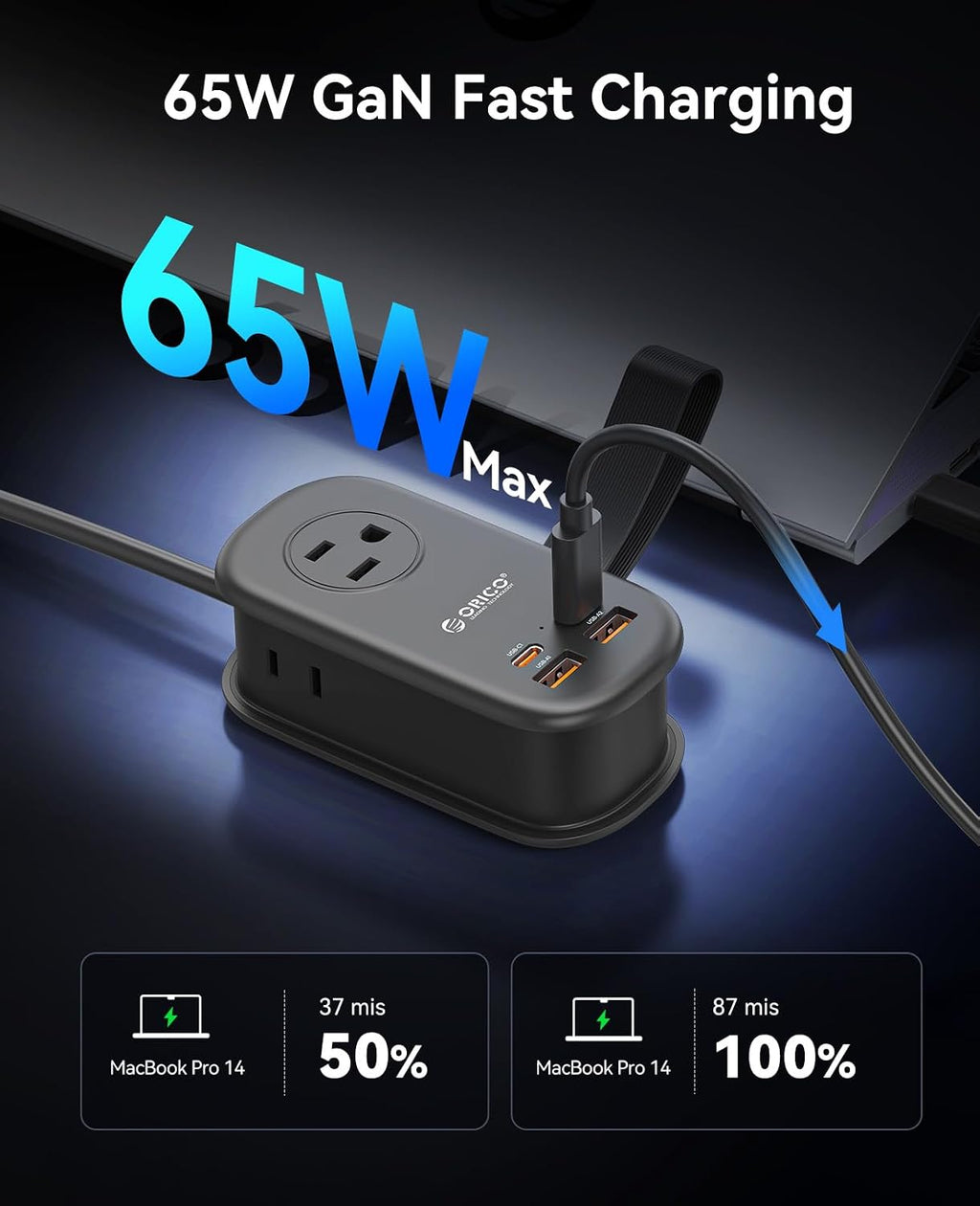 ORICO 65W GaN Travel Power Strip with 3 Outlets & 4 USB Ports (2 USB C)
