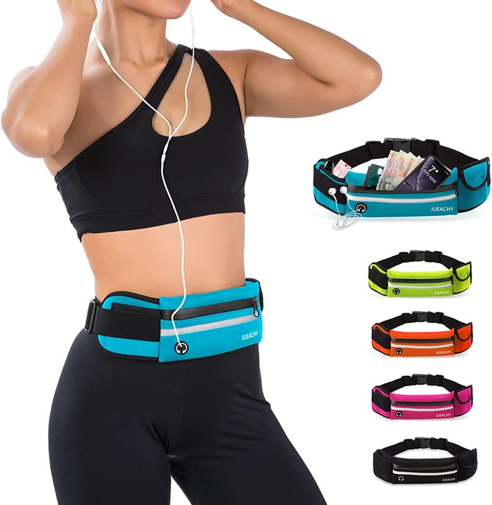 Jueachy Running Belts for Women Waterproof Fanny Pack Running Waist Pouch Phone holder Adjustable Sports Money Belt with Headphone Port