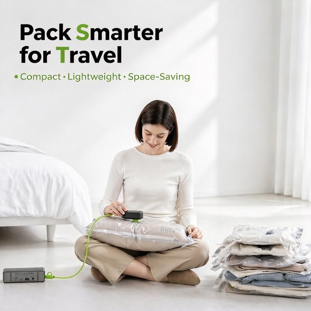 Vacbird Travel Vacuum Bags with USB Electric Pump, 12 Pack Vacuum Bags for Travel, Compression Vacuum Packing Bags for Luggage & Suitcase, Space Saving Travel Bags for Clothes and Clothing,Carry-On