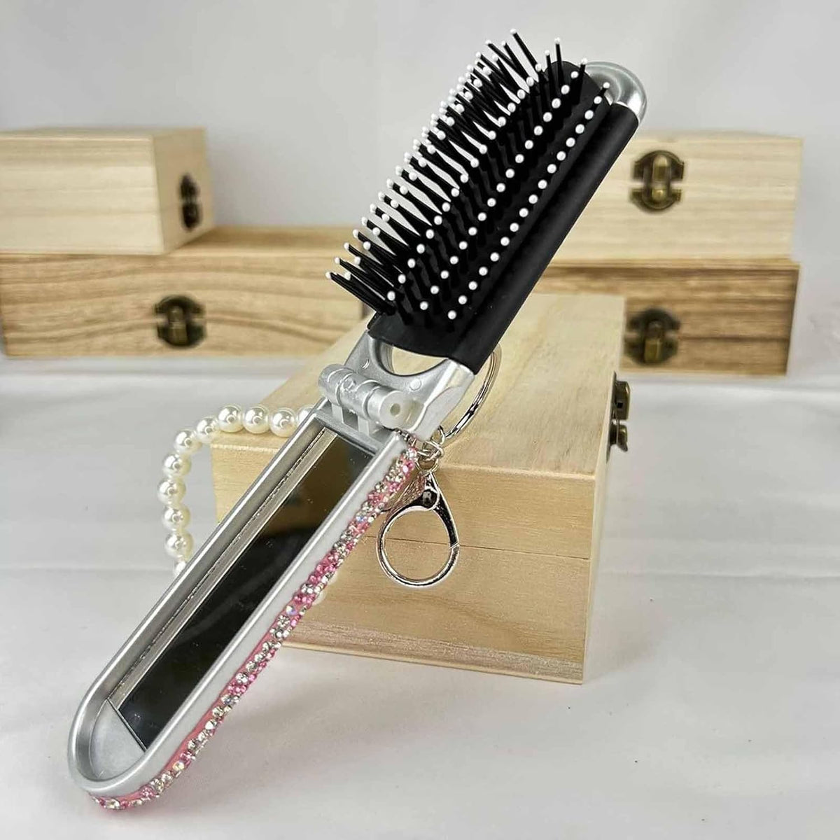 1 Pack Rhinestone Pocket Hair Brush with Mirror Bling Travel Folding Combs Sparkle Portable Collapsible Compact Comb for Women Wedding Party Silver White (No Chain-Pink)