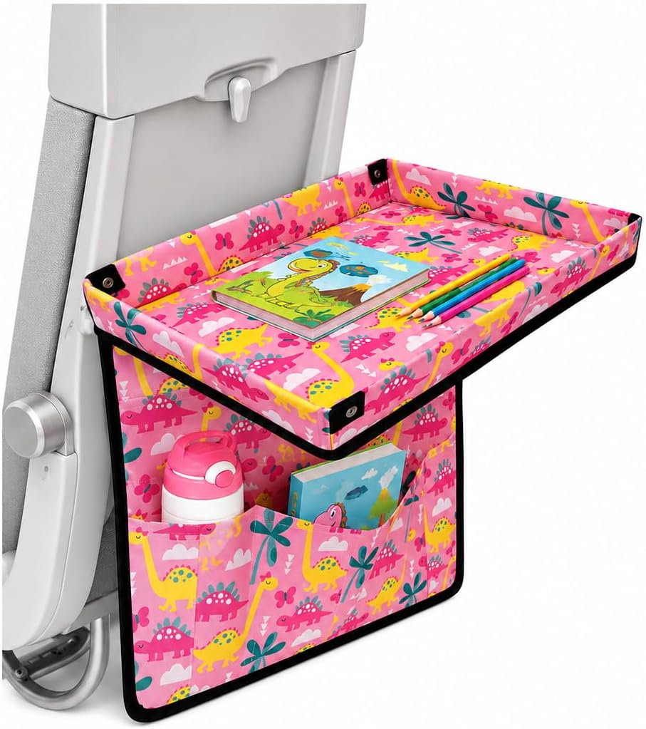 Adjustable Kids Tray Table Cover with Multi Portable Pockets, Airplane Travel Essentials for Kids, Toddlers, Adults, Airplane Must Haves, Plane Travel Essentials, Tray for Plane Train, Pink Dinosaur
