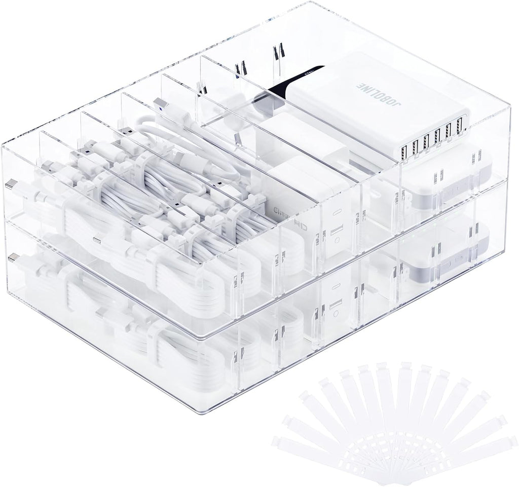 FRETONBA 2 Pcs Clear Cable Charger Organizer Box, Large