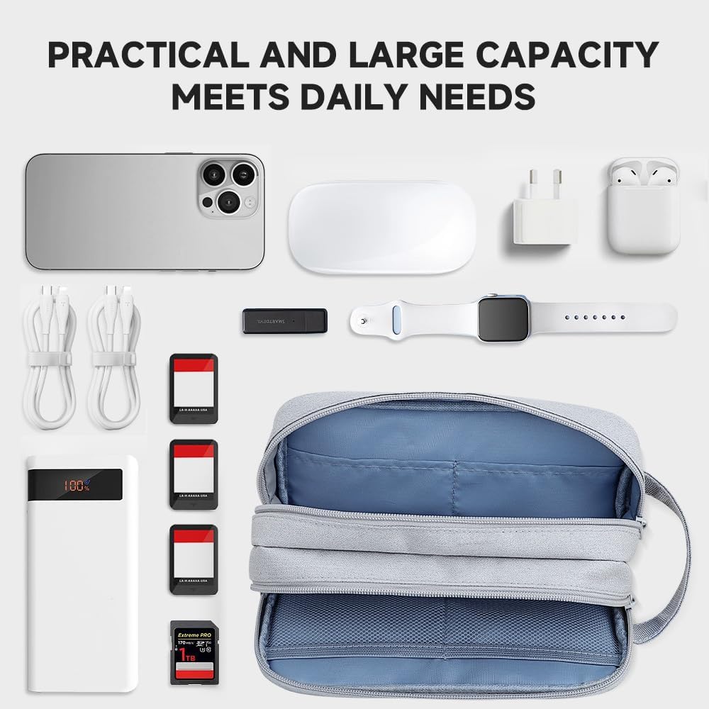 Teskyer Double Layer Cable Organizer Bag, Travel Tech Pouch, Light Grey