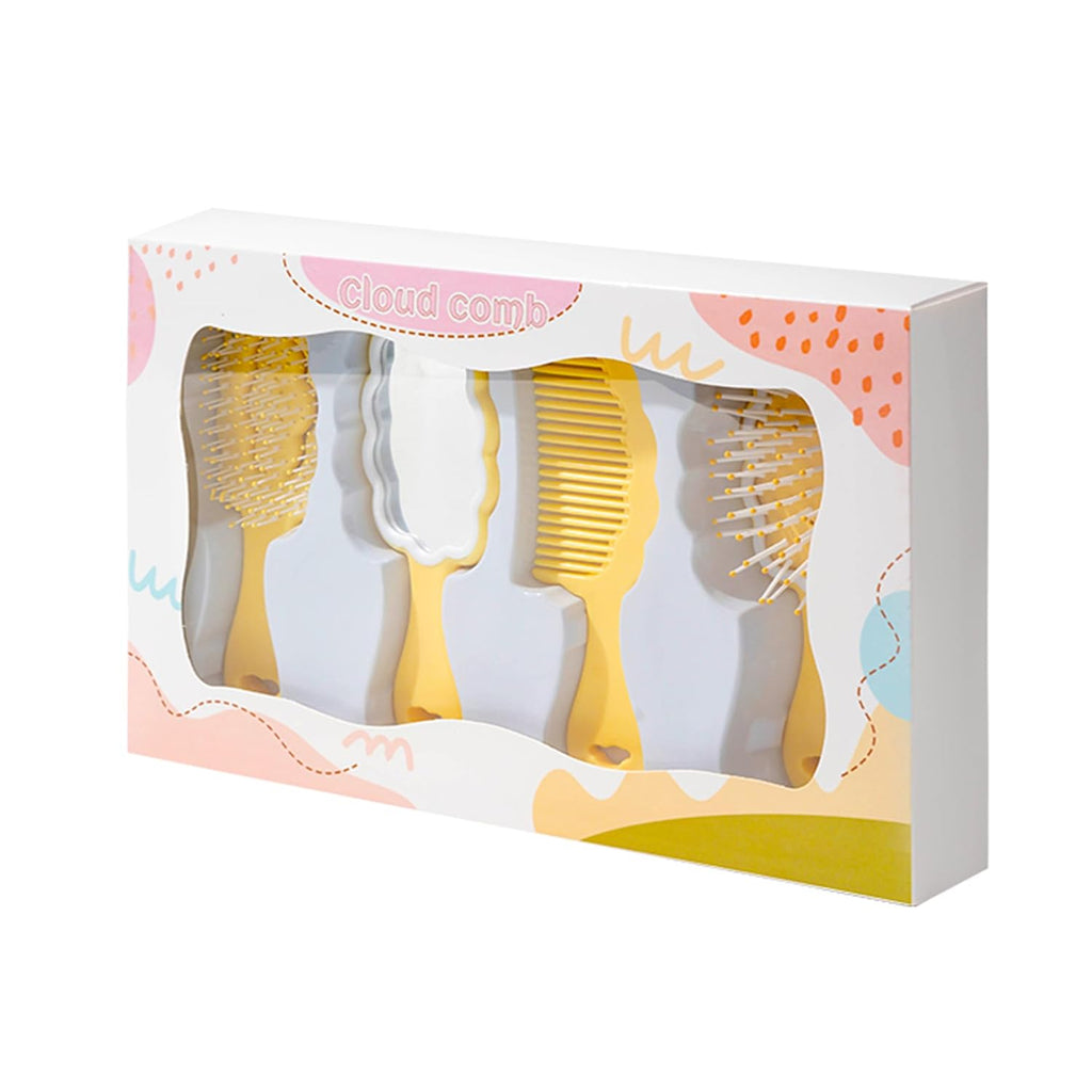 4 Pieces Mini Wet Hair Brush Hair Comb Set For Women Girls Kids Gift Small Cute Cloud shaped Hair Comb Hair Brush Handheld Mirror Set Travel Detangling Comb Massage HairBrush with Air Cushion (Yellow)