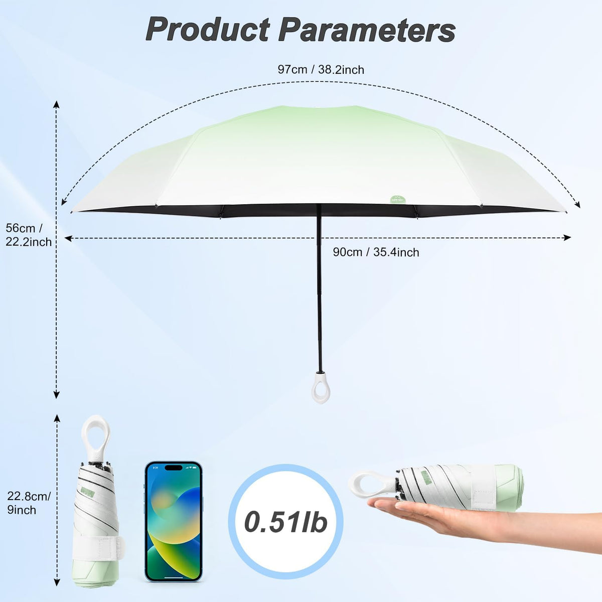 Gradient UV Umbrella UPF 50+, Mini Sun Parasol Foldable Compact Travel Size