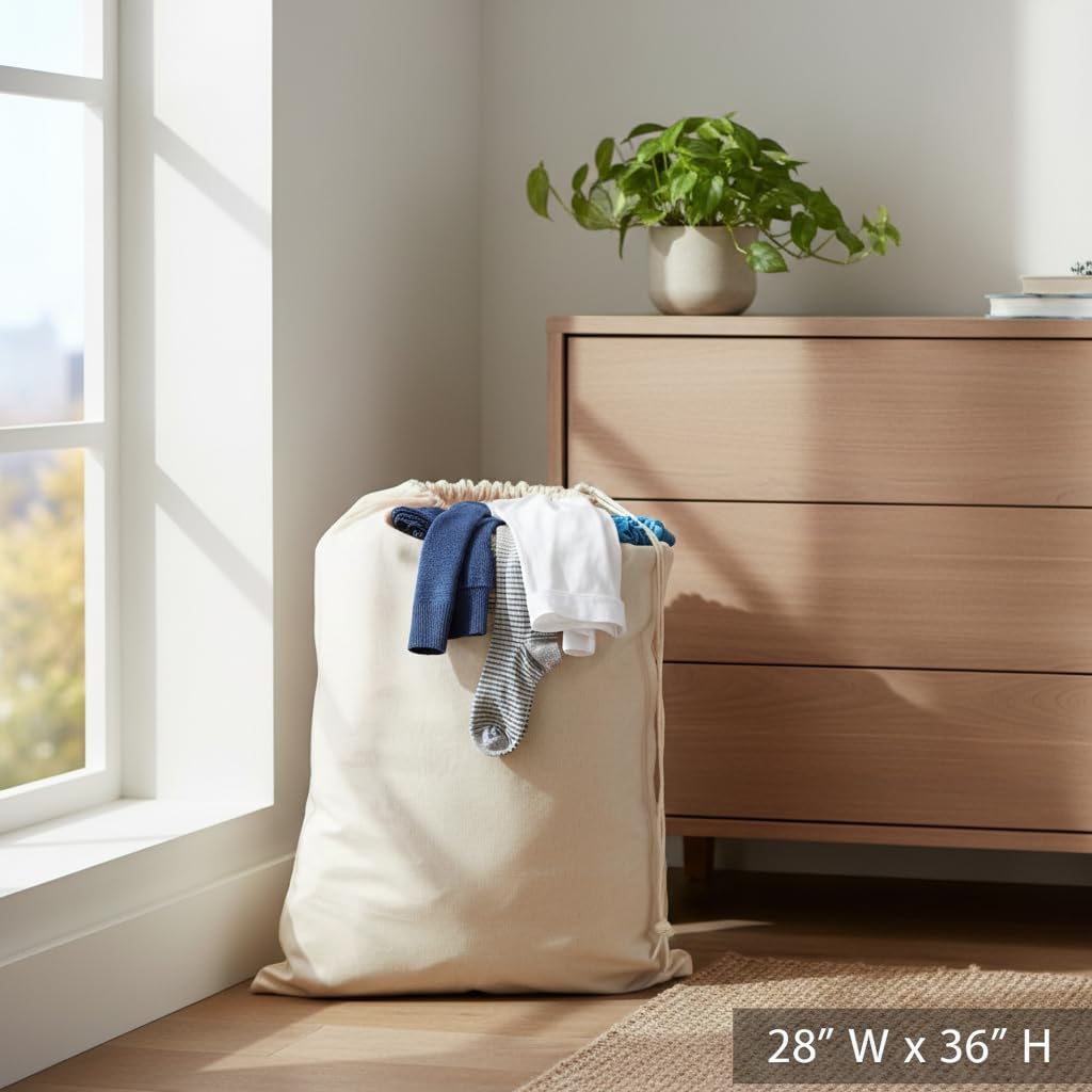 Simple Houseware Extra Large Natural Cotton Laundry Bag (28" x 36"), 2 Pack