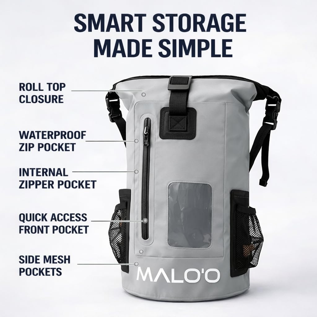 Malo’o 30L Waterproof Dry Bag Backpack – Roll Top Heavy Duty 500D PVC Dry Pack with Padded Straps, IPX6 Waterproof, Keeps Gear Dry for Kayaking, Fishing, Beach, Camping & Travel