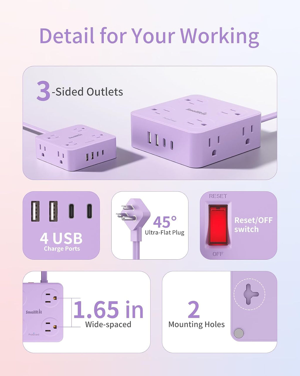Extension Cord with Multiple Outlets, SMALLRT 10FT Flat Plug Power Strip, Power Strips with USB Ports, 8 Outlets, Outlets Extender for Home Office, Purple