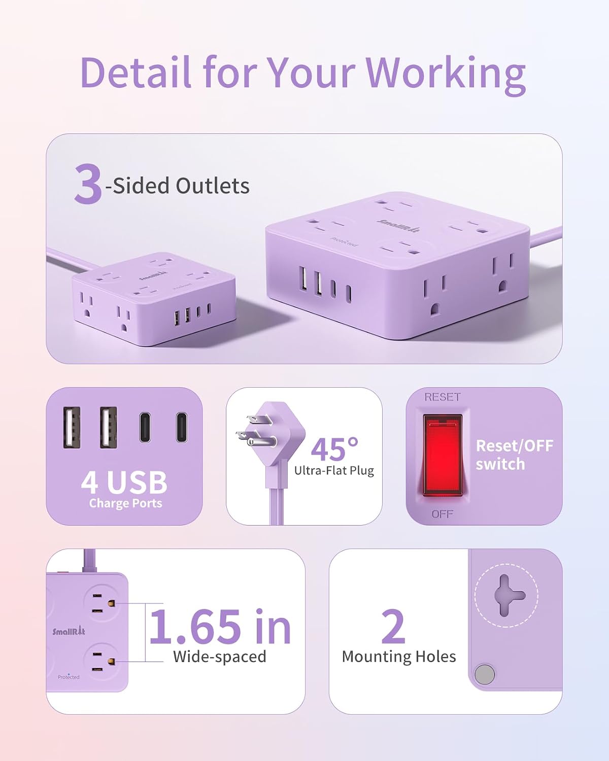 Extension Cord with Multiple Outlets, SMALLRT 10FT Flat Plug Power Strip, Power Strips with USB Ports, 8 Outlets, Outlets Extender for Home Office, Purple