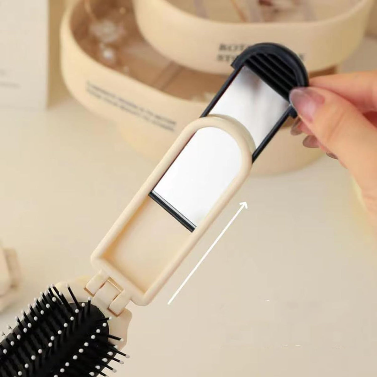 1 Pack Rhinestone Pocket Hair Brush with Mirror Bling Travel Folding Combs Sparkle Portable Collapsible Compact Comb for Women Wedding Party Silver White (With Chain-Purple)