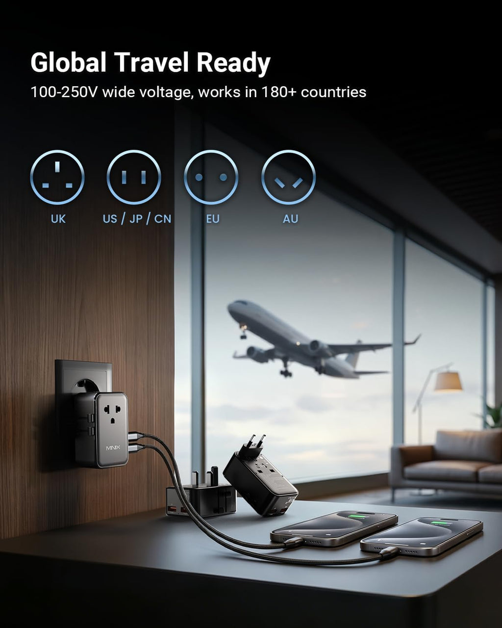 MINIX 45W Universal Travel Adapter, 5-Port Charger for Europe, US, UK & AU