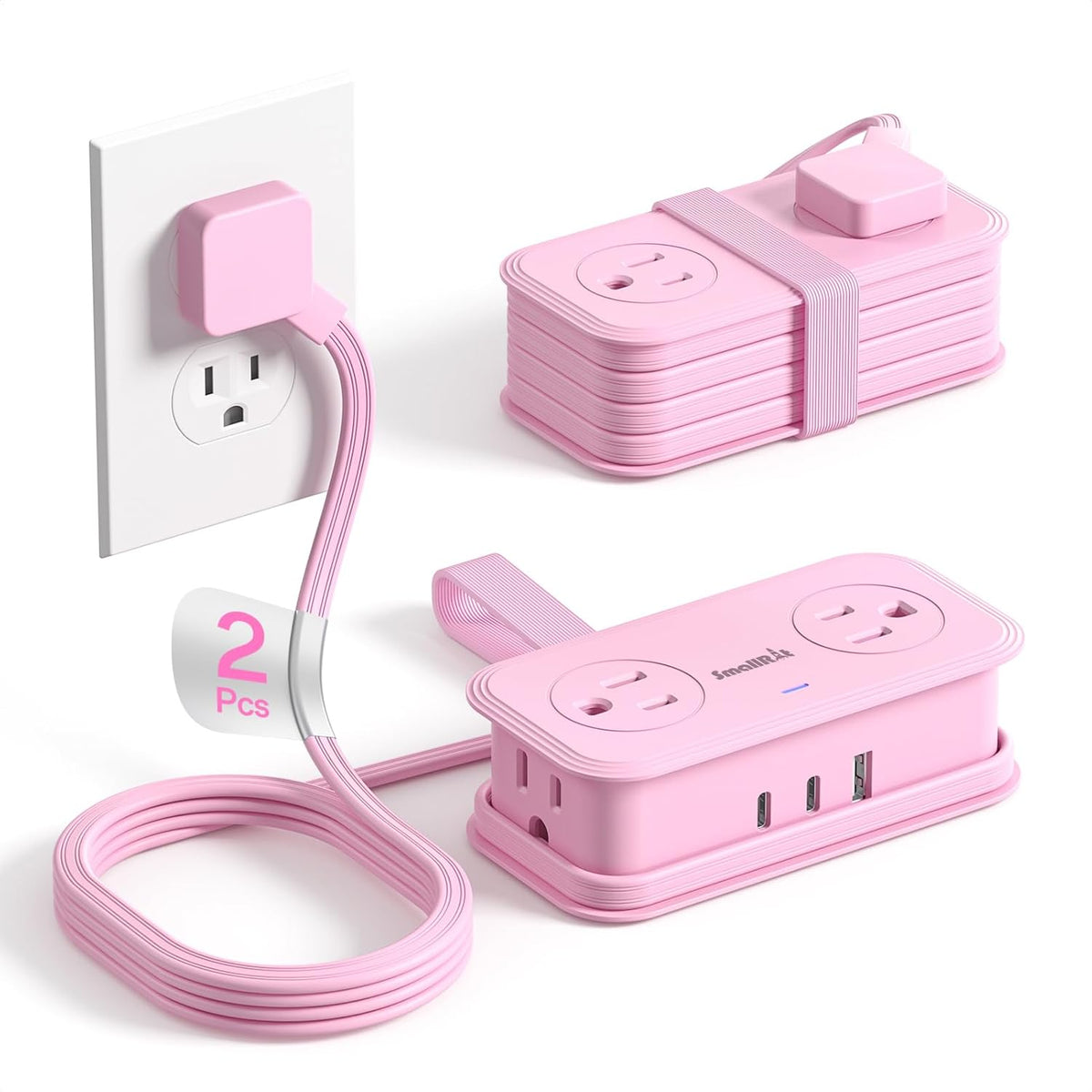 2 Pcs Travel Power Strip, SMALLRT Extension Cord with Multiple Outlets, 3.3FT Wrapped Extension Flat Plug Power Strip with 4 AC Outlets for Travel, Hotel, Cruise Approved, No Surge Protection, Pink