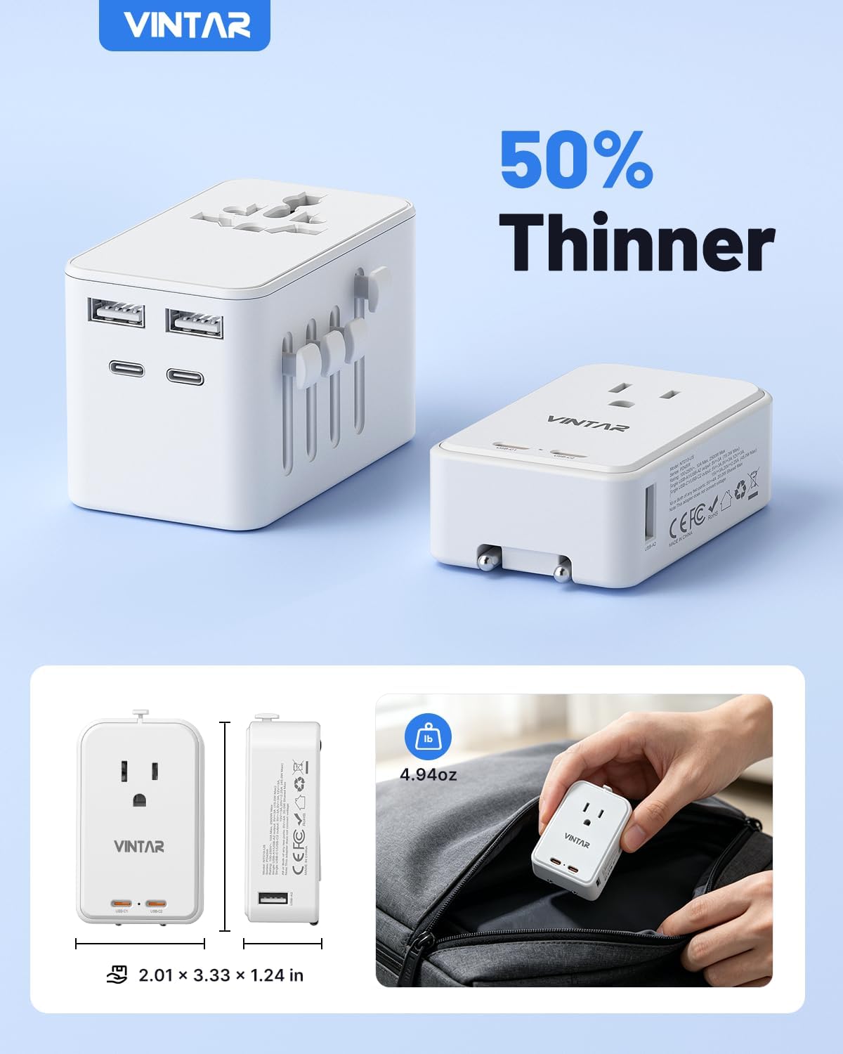 VINTAR 45W Universal Travel Adapter, Ultra Thin International Power Adapter
