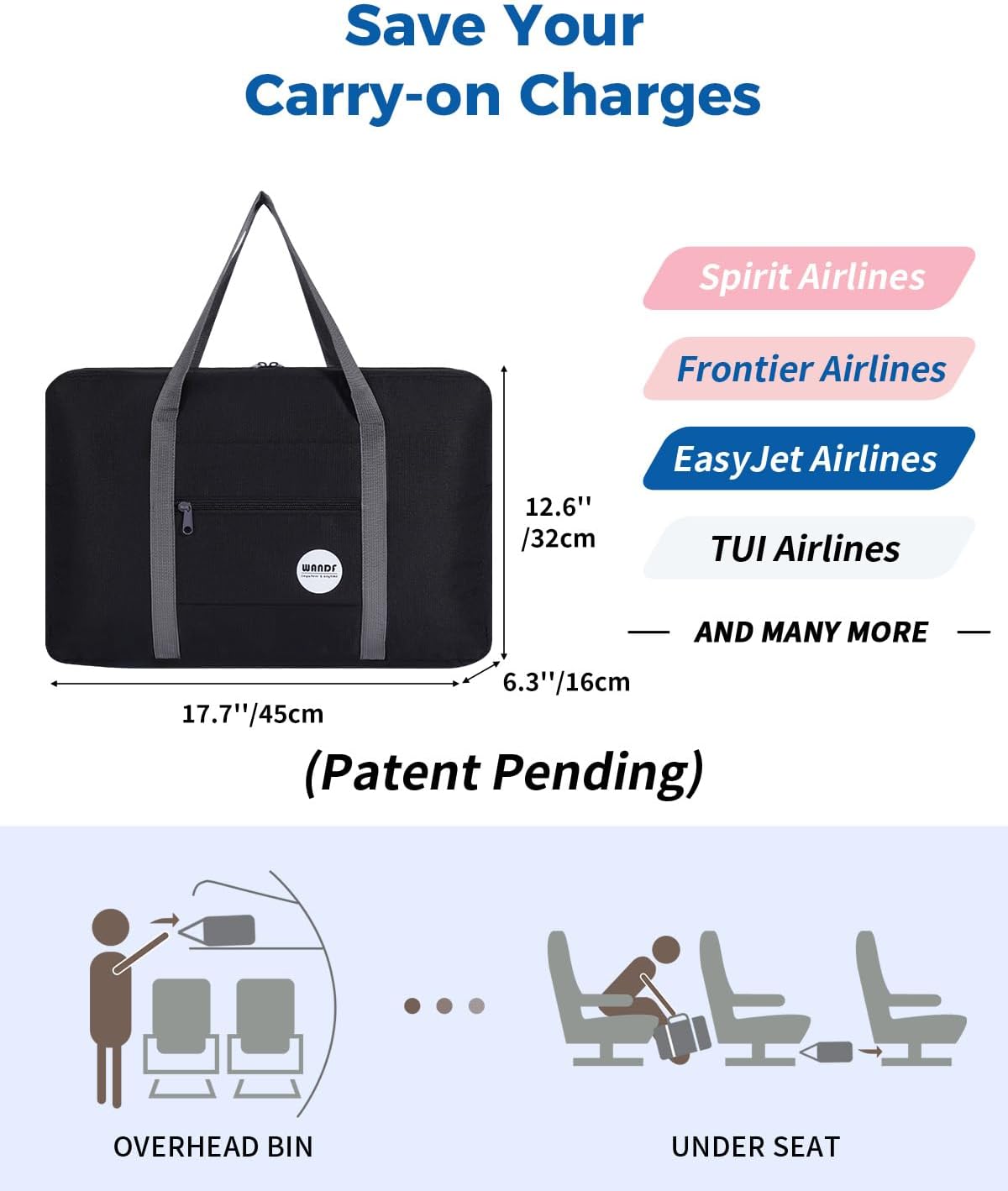 WANDF Personal Item Travel Bag, Carry On Duffle Bag Women