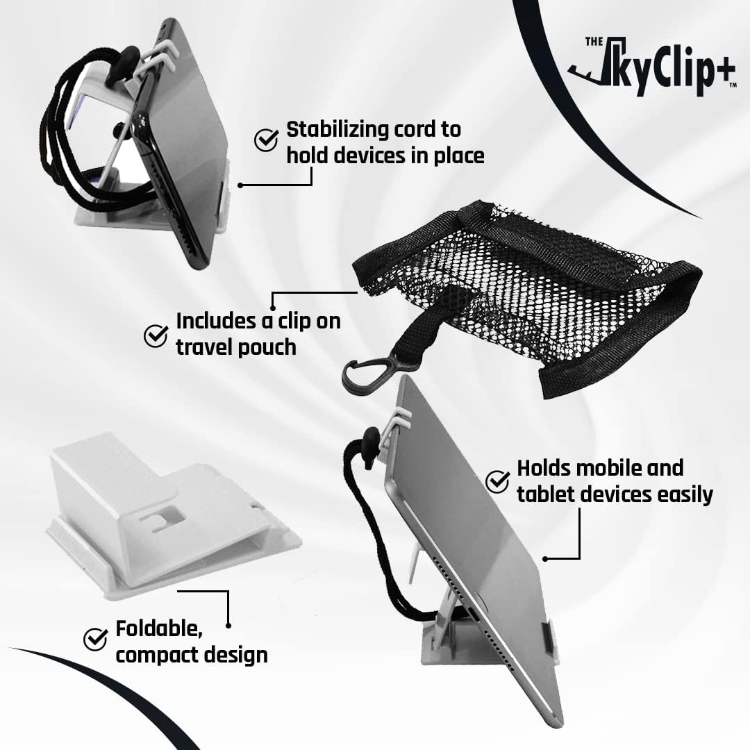 The SkyClip+ Phone & Tablet Holder for Air Travel, Home and Office Use - Inflight Phone Mount & Stand Compatible with iPhone, Android, Kindle and Tablets - Ultimate Travel Accessory (White)
