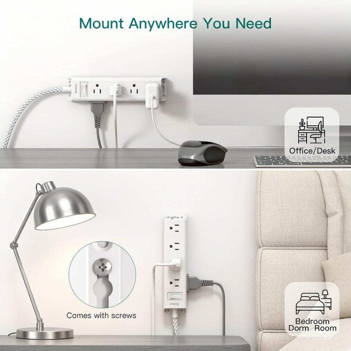 White Braided Power Strip Surge Protector with 12 Outlets