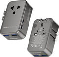 MOMAX 1-World Pocket Universal Travel Adapter – Ultra-Thin, Stylish & Mini GaN Charger, 25W Fast Charging, 5 Ports: 2 USB-C + 2 USB-A + AC, Foldable Plug, Worldwide Voltage, Misty Gray (1-Pack)