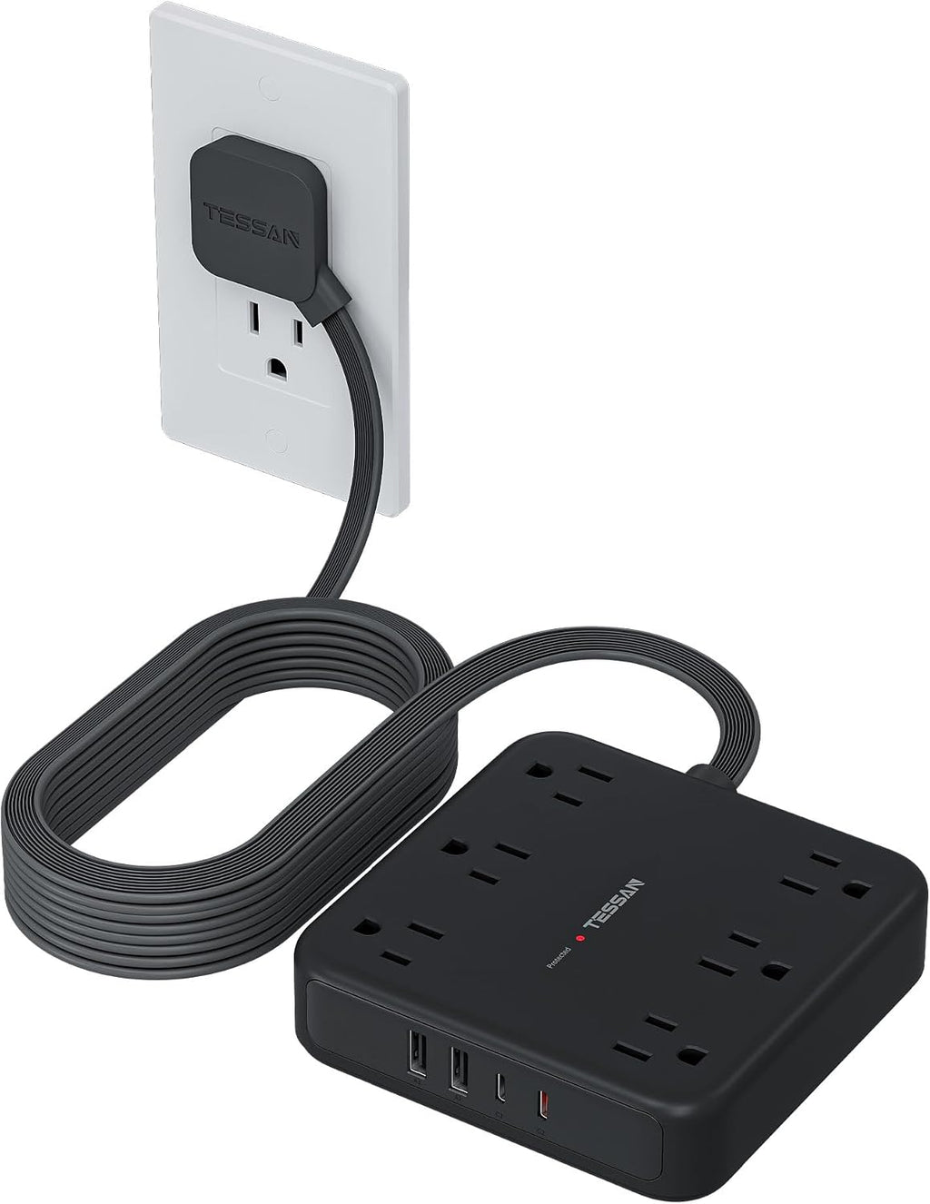 TESSAN Surge Protector Power Strip, 15Ft Flat Plug Extension Cord, Black
