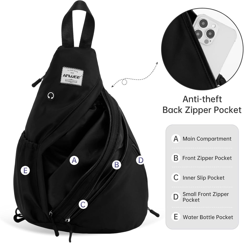 Women's Crossbody Rope Sling Bag - Convertible Chest Bag & Casual Daypack, Water-Resistant Backpack for Travel, Cycling, Hiking, Black