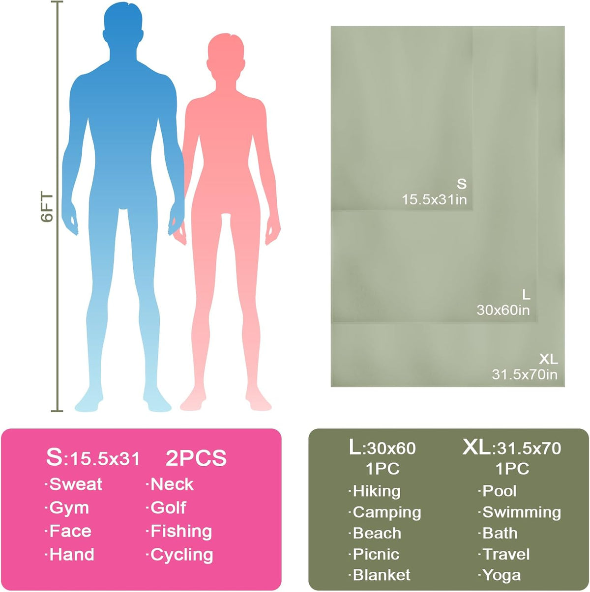 Swimming Pool Towel XL Size Microfiber Quick Dry Camping Hiking Beach Travel Yoga Mat Body Towels (Army Green, 1 Pack XL)