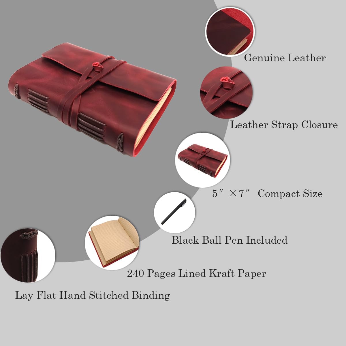CooLeathor Red Notebook Journal - Genuine Leather Journals for Writing Small Size Diary 5.5x7.5 Inch, Notepad For Women and Man, Gifts,Work,Travel Wine Red