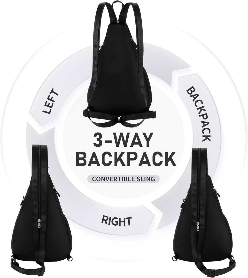 Women's Crossbody Rope Sling Bag - Convertible Chest Bag & Casual Daypack, Water-Resistant Backpack for Travel, Cycling, Hiking, Black