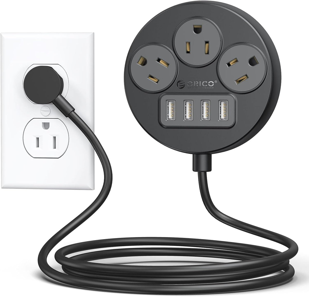 ORICO Power Strip, 45° Flat Plug Extension Cord with 3 AC Outlets and 4 USB-A Charging Ports, 5FT Black Compact Outlet Extender for Cruise/Travel/Home/Office - PSO