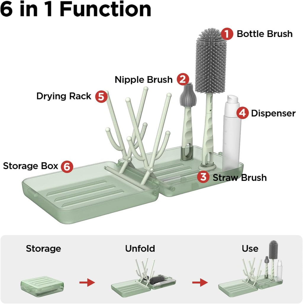 YOTIME Travel Bottle Brush Set, Foldable Drying Rack, Dispenser