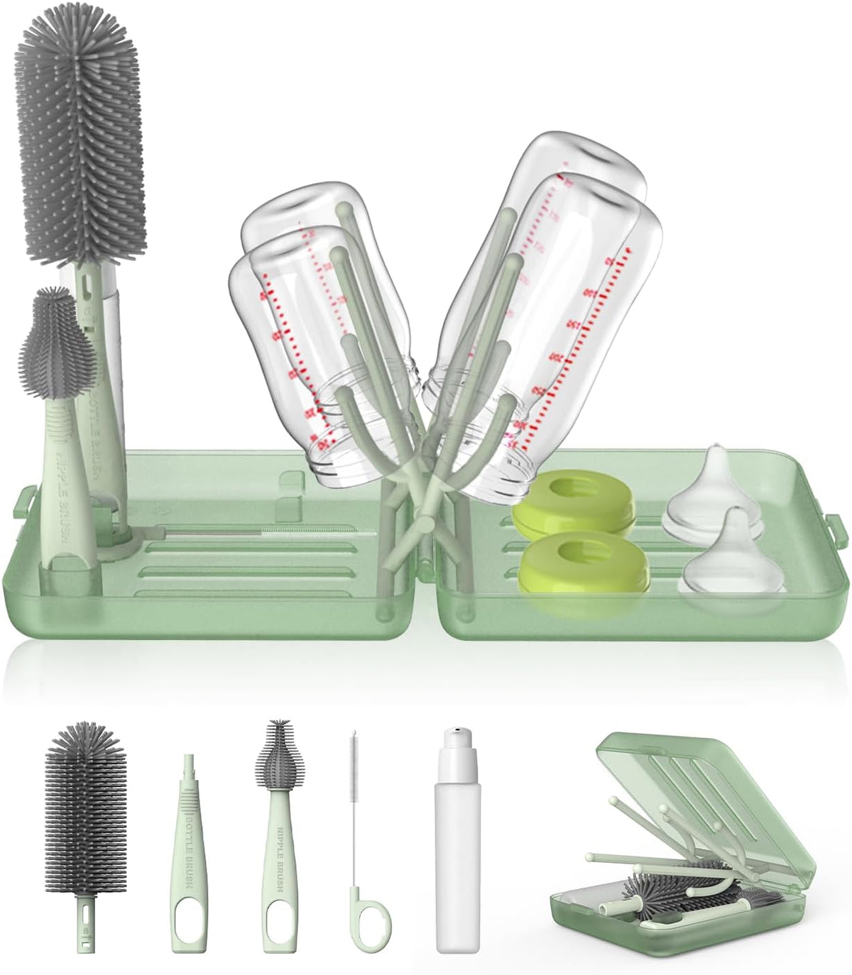 YOTIME Travel Bottle Brush Set, Foldable Drying Rack, Dispenser