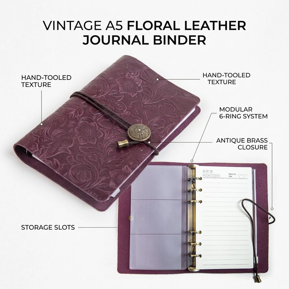 Refillable Leather Journal, Travelers Notebook Cover A6, Purple
