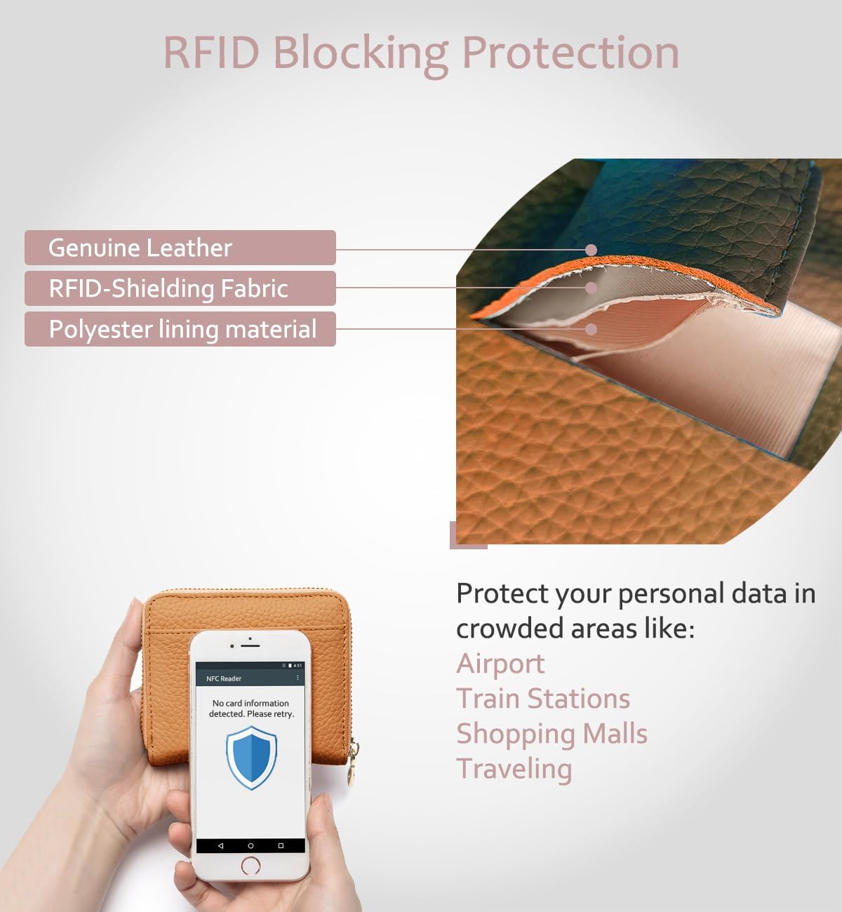 RFID Protective Leather Zipper Small Travel Wallets for Women