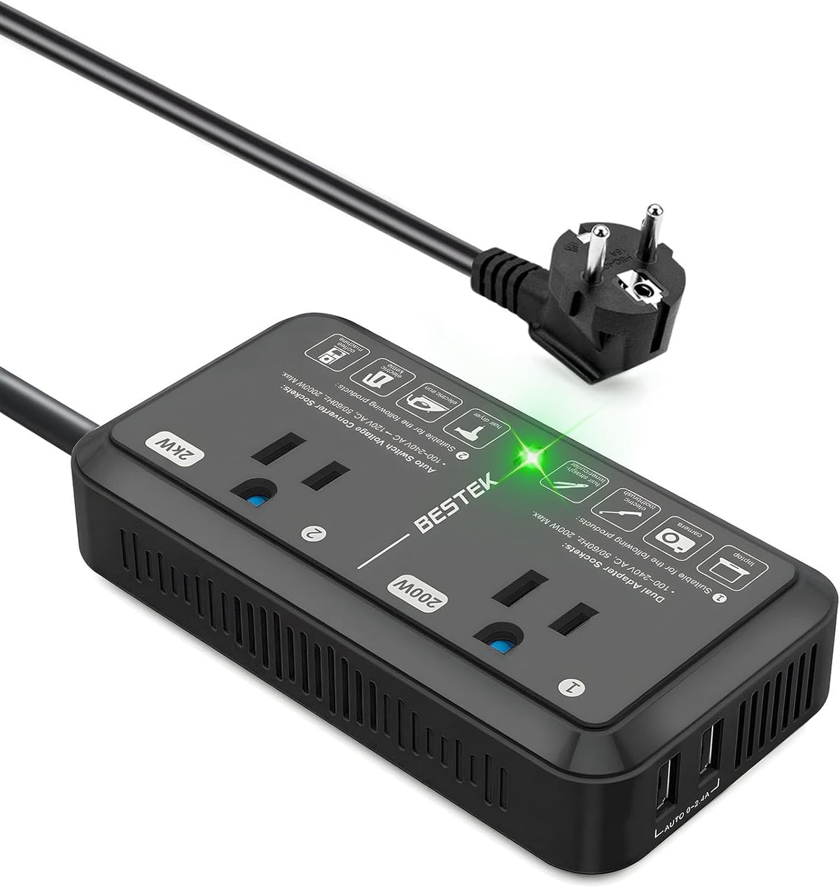 European Travel Plug Adapter 220V to 110V Voltage Converter US to Europe 2000W Travel Voltage Converter with 2 USB Ports for Hair Dryer/Curling Iron/Phone Travel Adapter for Europe Countries