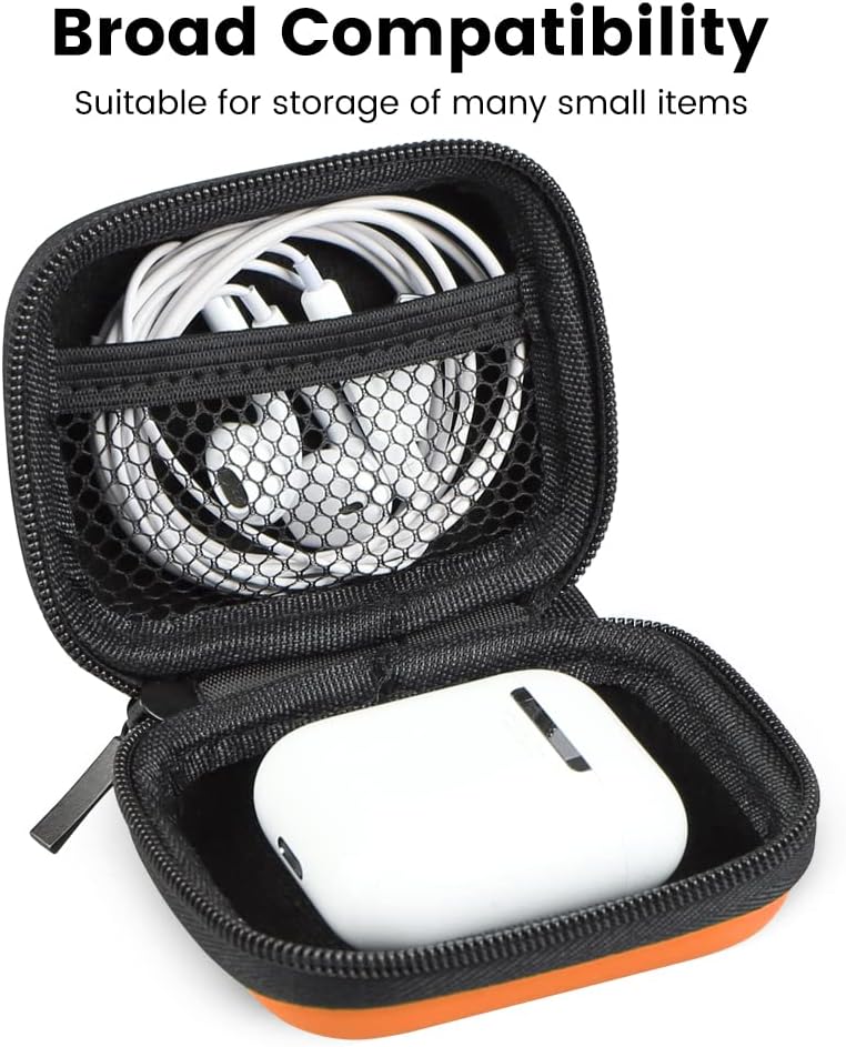 Earbud Case, RISETECH Hard EVA Earphone Travel Case Holder Headphone Small Zipper Pouch Compatible with Flash Drive, SD Cards, USB Charger Cable, AirPods, Sony Wired Earbuds with Keychain -Orange