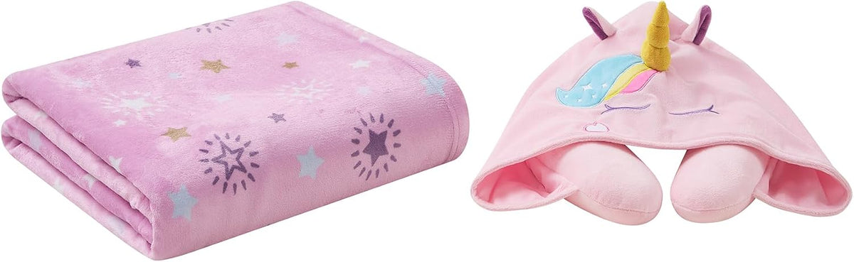 B Kids 3D Animal Hooded Neck Pillow & Throw Set, Pink