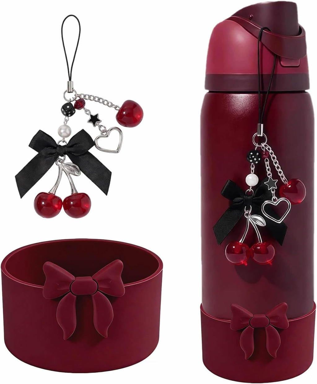 Black Cherry Charm Bow Silicone Boot Set for Owala 24/30/32/40 oz