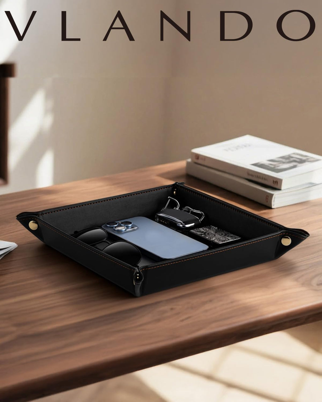 VLANDO Valet Tray, Foldable PU Leather Catchall Tray, Black