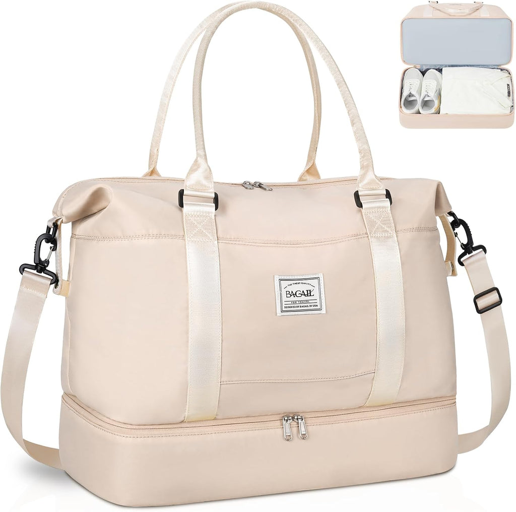 BAGAIL Travel Duffel Bag - Weekender & Overnight Gym Carry On Tote with Wet Pocket - Hospital Mom Bag for Labor and Delivery - Extra Large, Beige