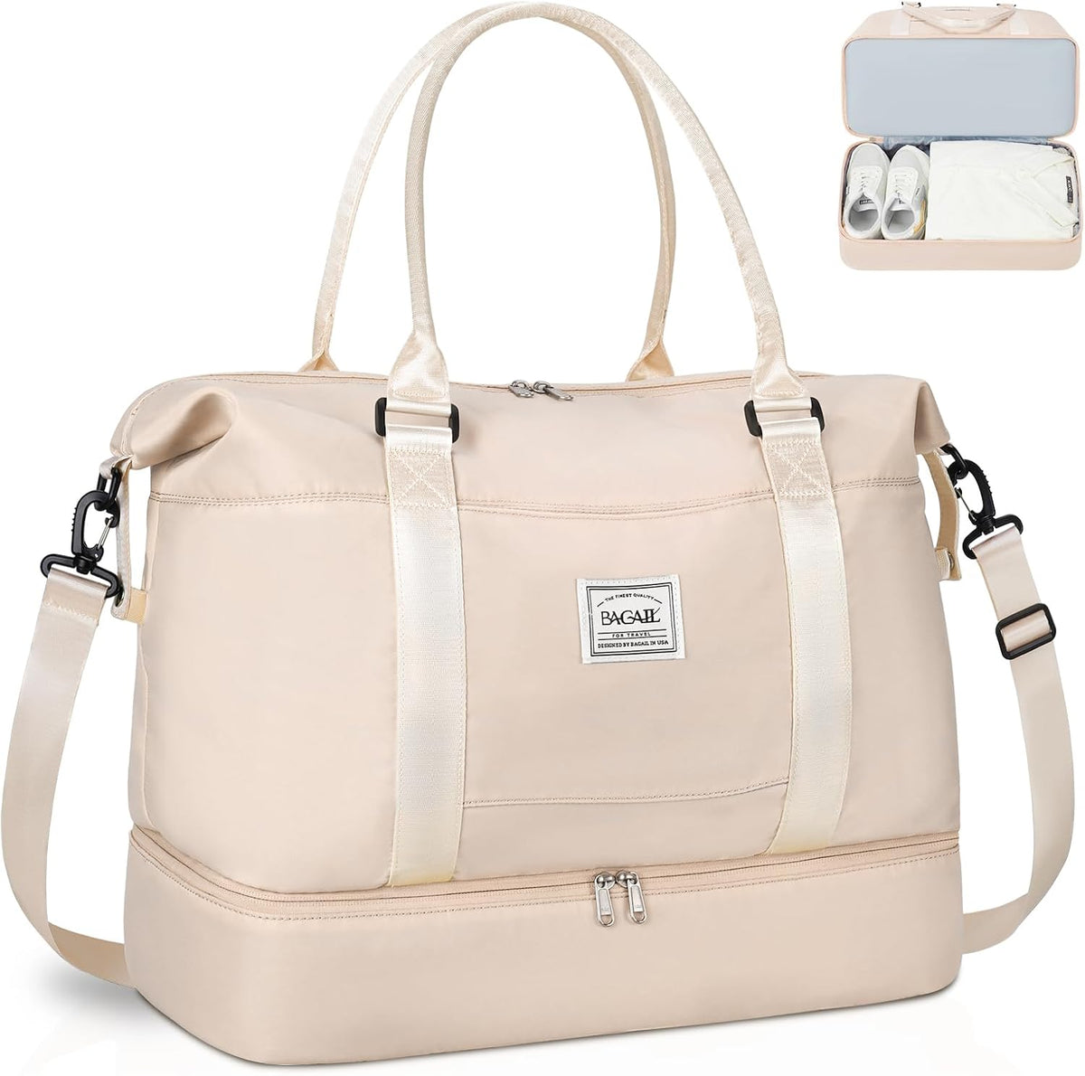 BAGAIL Travel Duffel Bag - Weekender & Overnight Gym Carry On Tote with Wet Pocket - Hospital Mom Bag for Labor and Delivery - Extra Large, Beige
