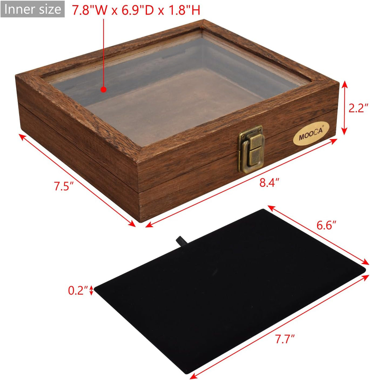 MOOCA Tempered-Glass Top 2 pieces Set Small Wooden Jewelry Display Case with Removable Black Luxurious Velvet Jewelry Display Pad, Deeper 2.2" Design for Collectibles, Brown Color.