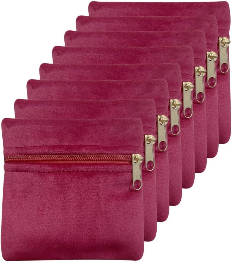 8pcs Small Velvet Jewelry Pouches with Zipper Gift Bags for Bracelet Necklace,Ring,Earrings,Earphone,Wedding Favors, Party Favors,Travel,3.94" X 3.94" (Rose red)