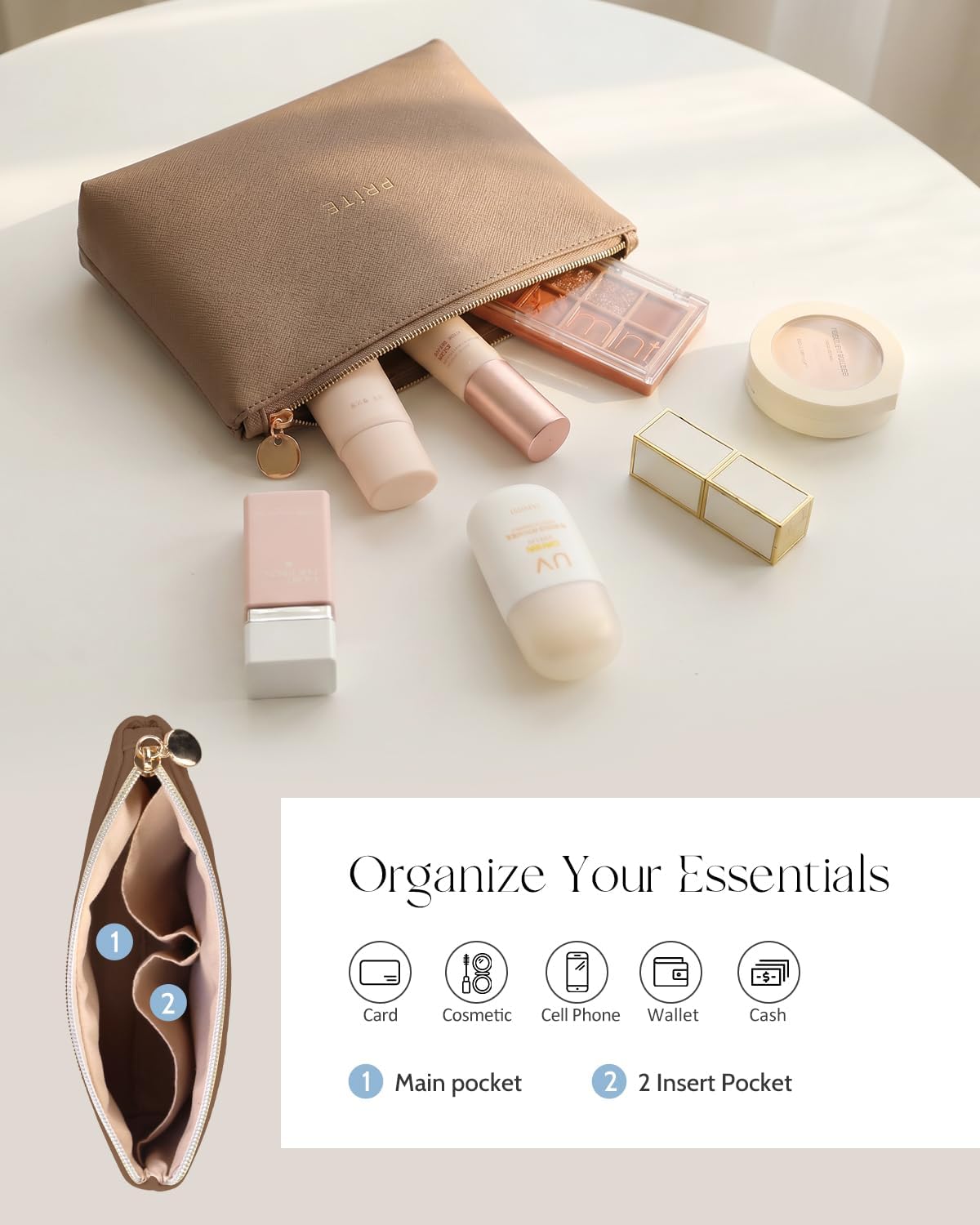 Prite Makeup Bag Travel Cosmetic Case, Toiletry Bag Organizer, Brown Set